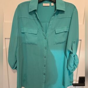 [EUC] New York & Co Womens Blue Blouse Shirt Top Sz L Convertible 3/4 Sleeve